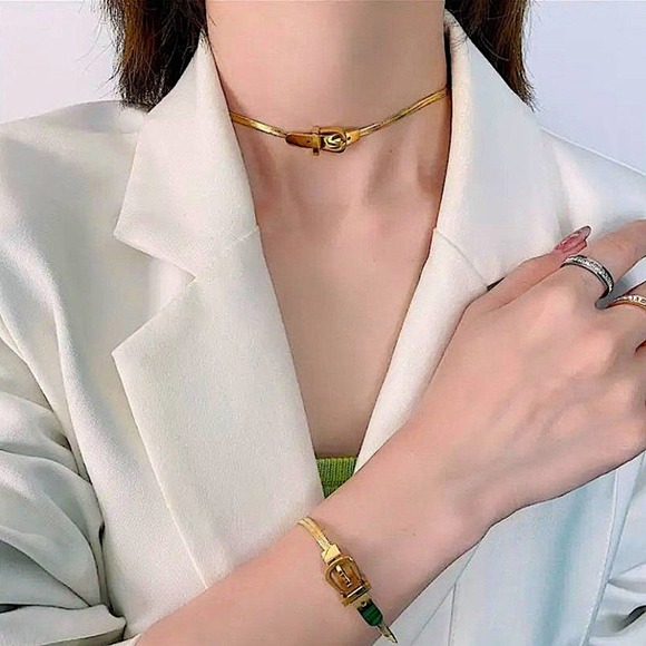 Belt Buckle Design Gold Plated Herringbone Choker Matching Bracelet Set - Picture 1 of 14